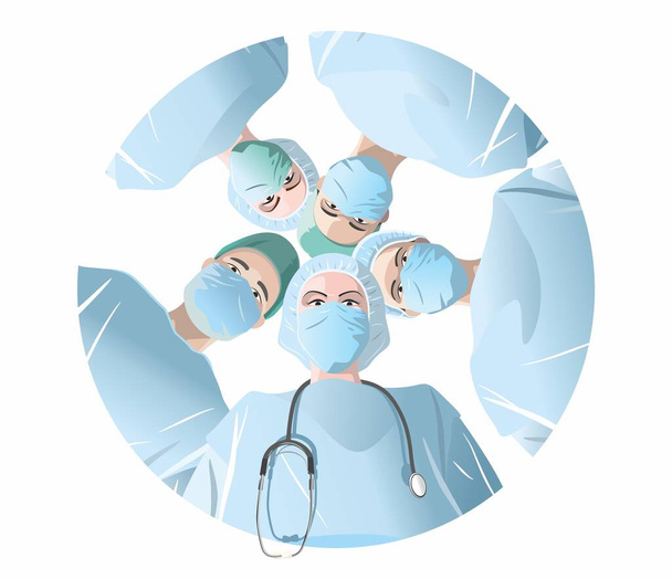 Group of doctors. A woman has a stethoscope hanging on her chest - Vector, Image