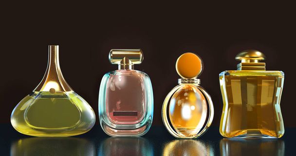 3d illustration perfume bottle stay on glass table with copy space on black background - Photo, Image