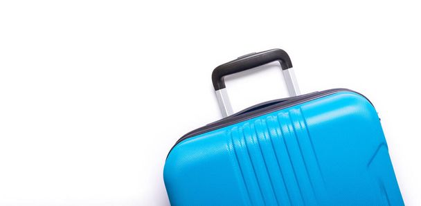 Blue suitcase on white background Summer holidays, vacation, travel concept Banner Minimal Copy space - Foto, Imagen