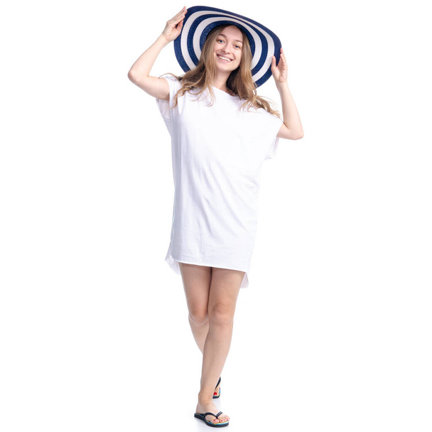 Woman in sun hat summer smiling happiness looking walking goes - Photo, Image