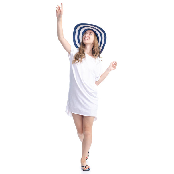 Woman in sun hat summer smiling happiness standing looking showing pointing - Fotoğraf, Görsel