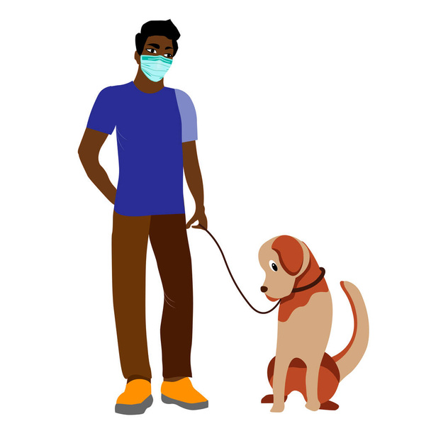 Ένας νεαρός Αφροαμερικανός με προστατευτική μάσκα περπατάει με ένα σκύλο Λαμπραντόρ. Κοινωνική απόσταση στο πλαίσιο της πανδημίας του coronavirus COVID-19. Εικονογράφηση διάνυσμα επίπεδη σχεδίαση. - Διάνυσμα, εικόνα