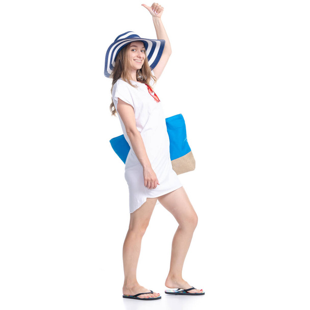 Woman in sun hat, sunglasses and beach bag summer smiling happiness looking showing pointing - Zdjęcie, obraz