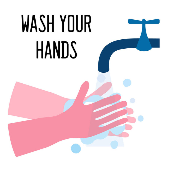 Washing hands with soap under water falling down from faucet. Wash you hands. Coronavirus prevention concept. Flat vector illustration, isolated on white. - Vector, Image