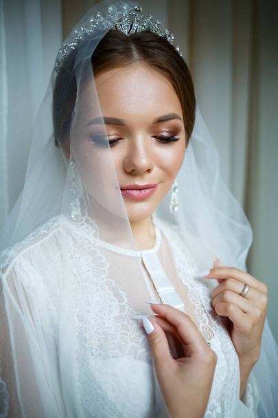 beautiful bride in a wedding morning in a bathrobe and veil - Φωτογραφία, εικόνα
