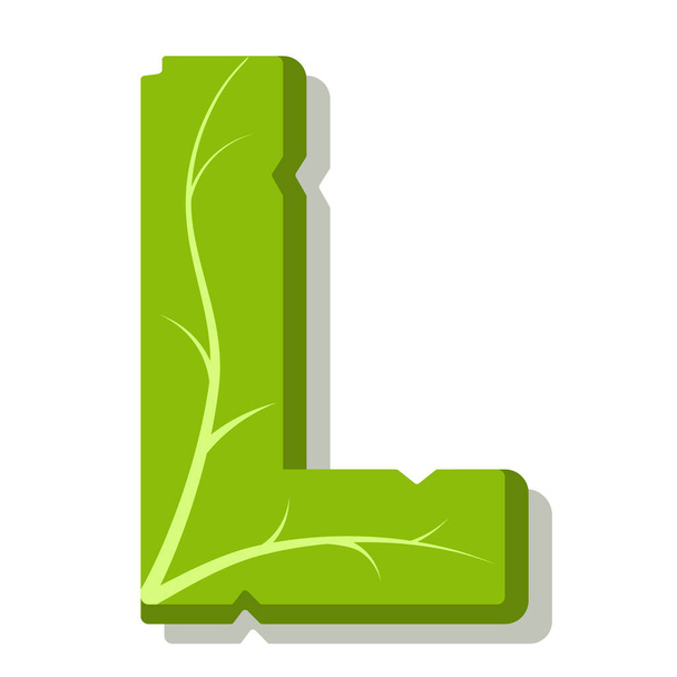 Letter L, green leaves summer vector alphabet. The simple logo of letter L green color. Isolated illustration on white background. - Vektor, obrázek