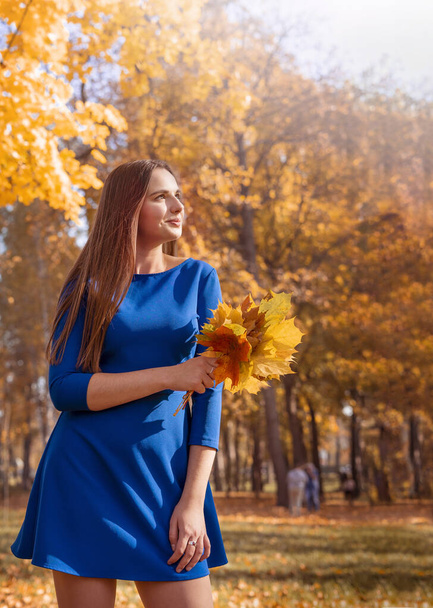 Красива молода дівчина з довгим волоссям у блакитній сукні з букетом жовтого листя в руках в осінньому парку
. - Фото, зображення