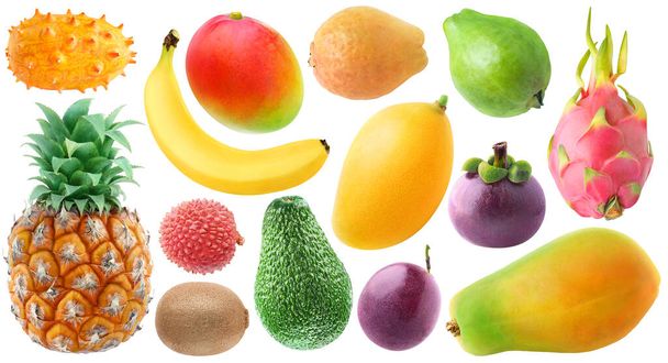 İzole edilmiş tropikal meyve koleksiyonu. Taze kiwano, muz, kırmızı ve sarı mango, mangosteen, ananas, lichee, kivi, avokado, tutku meyvesi, ejderha meyvesi, yeşil ve sarı guava beyaz arka planda izole edilmiş. - Fotoğraf, Görsel
