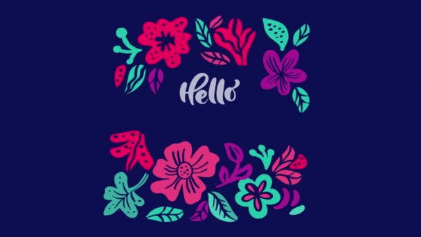 Bloem animatie wenskaart met tekst Hello Summer. floral platte video illustratie. Scandinavisch handgetekend natuurontwerp - Video