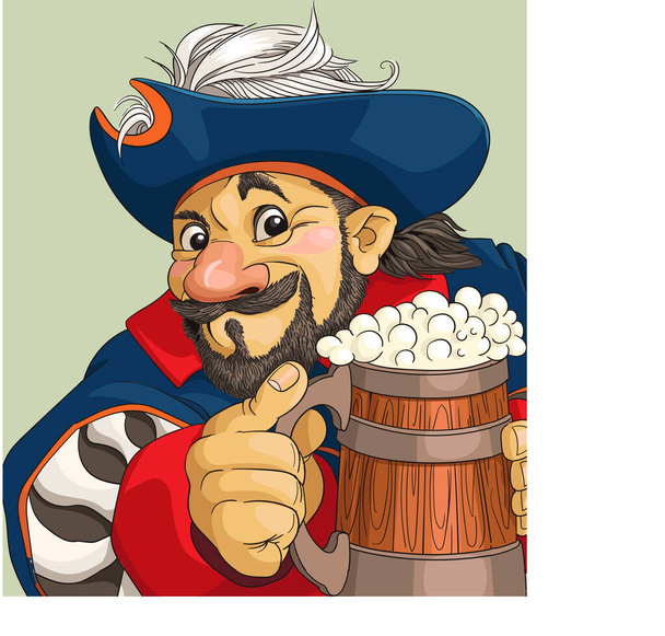 Divertido vector de dibujos animados. Ilustración. Pirata satisfecho con una gran cerveza
. - Vector, imagen