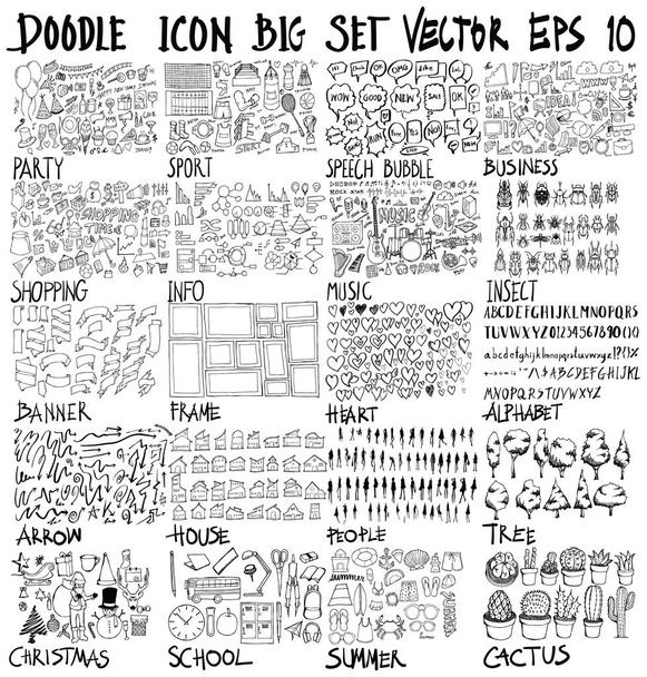 MEGA set of doodles vector. Super collection of party, sport, bubble, business, shopping, info, music, insect, banner, frame, heart, font, arrow, house, people, tree, christmas, school, summer, cactus - Vector, Image