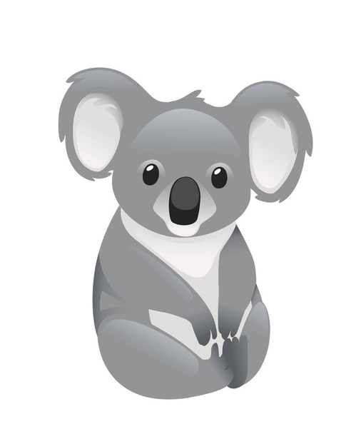Cute szary koala niedźwiedź siedzieć na ziemi i patrząc do przodu liście kreskówki zwierząt projekt płaski wektor ilustracji izolowane na białym tle. - Wektor, obraz