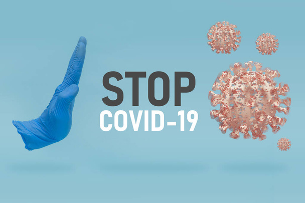Визуальная концепция COVID-19 - остановить вирусную инфекцию жестом руки. Стоп подпись с рукой. Пандемия коронавируса 3D иллюстрация
. - Фото, изображение