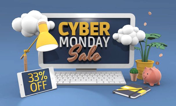 33 Třicet tři procent sleva - Cyber pondělí prodej 3D ilustrace v kresleném stylu. - Fotografie, Obrázek