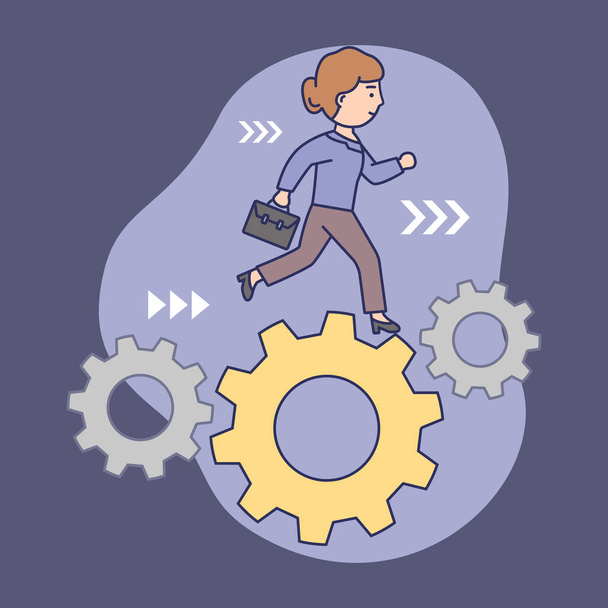 Time Management Concept. Confident Businesswoman is Running in Set of Gears Mechanism, Cogwheels. Concept Of Business Planning And Deadlines. Linear Outline Cartoon Flat Style. Vector illustration - Vector, Image