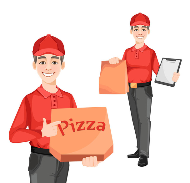 Courier, set of two poses. Delivery service concept. Delivery man cartoon character. Vector illustration isolated on white background - Vector, Image