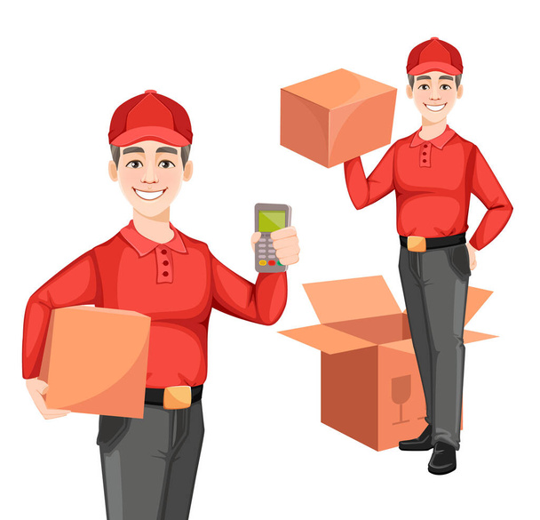 Courier, set of two poses. Delivery service concept. Delivery man cartoon character holding carton box. Vector illustration isolated on white background - Vector, Image