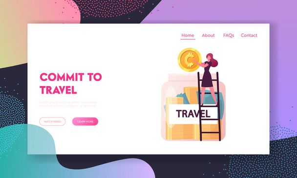 Trip Budget Landing Page Template. Tiny Female Character Stand on Ladder Put Huge Golden Coin into Glass Jar fro Future Travel. Woman Saving Money fro Summer Vacation. Cartoon Vector Illustration - Vector, Image
