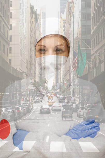 φωτογραφία επεξεργασία της πόλης της Νέας Υόρκης με ιατρικό προσωπικό, Ήρωες της Αμερικής κατά του coronavirus ή cobid-19, Ιατρός και κτίρια της Νέας Υόρκης - Φωτογραφία, εικόνα