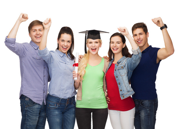 Group of standing smiling students with diploma - Foto, Imagem