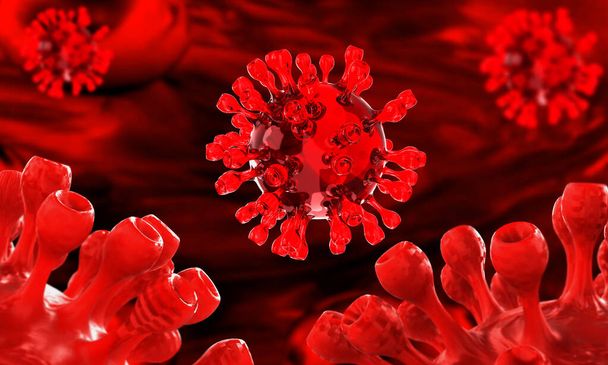 Close up makró Vörös vírus háttér kreatív grafikus banner tervezés corona vírus betegség veszély pandémiás járvány riasztás super spread.3d randering     - Fotó, kép