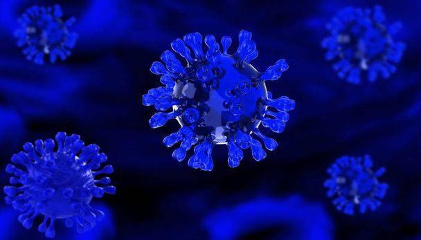 Zárja be makró kék vírus háttér kreatív grafikus banner tervezés corona vírus betegség veszély járvány kitörés riasztás szuper terjedését. 3D-s renderelés     - Fotó, kép