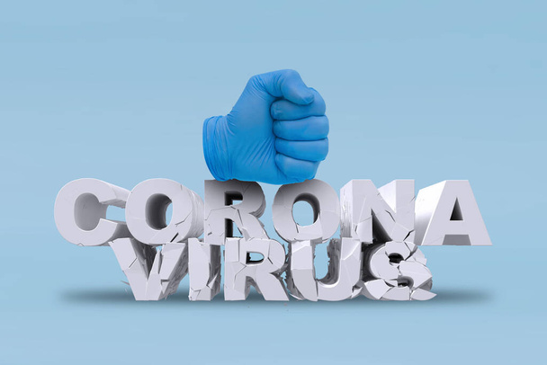 COVID-19 Concepto visual - detener el gesto de la mano a la infección por el virus. Pare la señal con la mano. Ilustración 3D pandémica de Coronavirus
. - Foto, Imagen