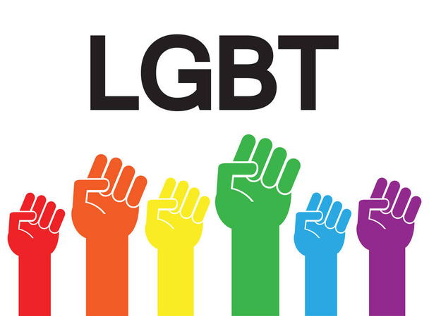 Vector flat lgbt rainbow flag colored fists with pride month lettering text isolated on white background - Vector, Image