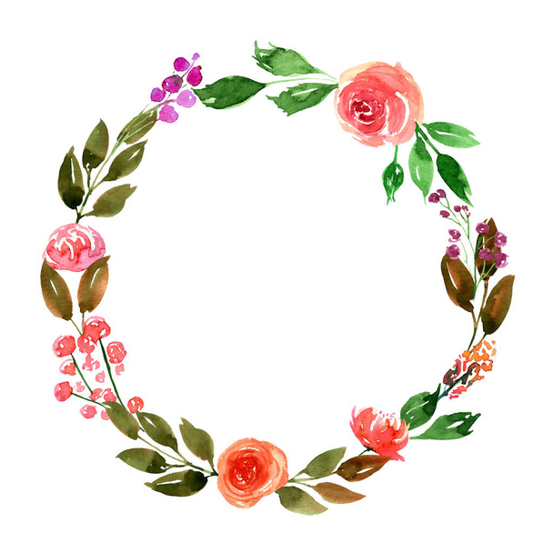 Watercolor Green Leaves and Pink Roses Wreath Hand Painted Leaf Foliage Garland. Template for wedding, event, greeting cards, baners. Modern trendy style design image. - Foto, immagini