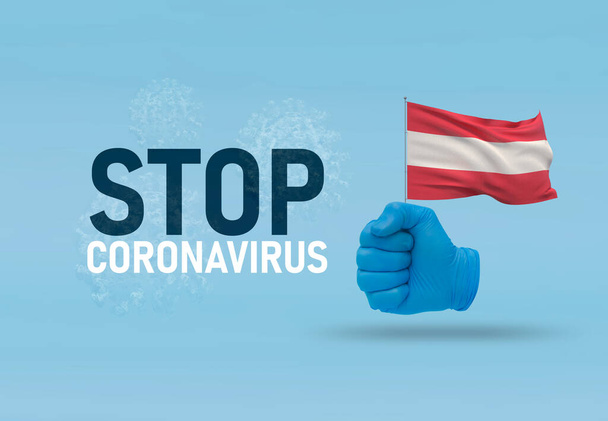 COVID-19 Visueel concept - hand-tekst Stop Coronavirus, hand-gebaar versus virusinfectie, gebalde vuist houdt vlag van Oostenrijk. Pandemische 3D illustratie. - Foto, afbeelding