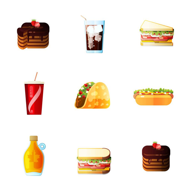 Iconen Lunchpakket Hot Dog Franse frietjes Soda - Vector, afbeelding