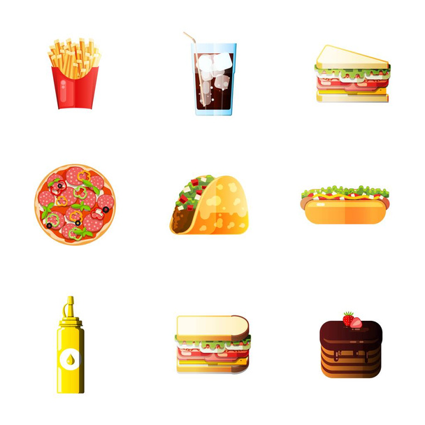 ebéd Hot Dog sült krumpli ikonok szett szóda - Vektor, kép