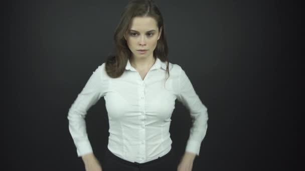depressed brunette puts hands on hips playing etude role - Footage, Video