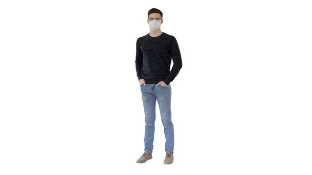 Young confident man in glasses wearing protective mask on white - 写真・画像