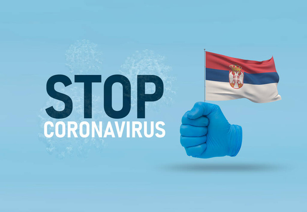 COVID-19 Visuelles Konzept - Hand-Text Coronavirus stoppen, Handgeste gegen Virusinfektion, geballte Faust hält Flagge Serbiens. 3D-Abbildung zur Pandemie. - Foto, Bild