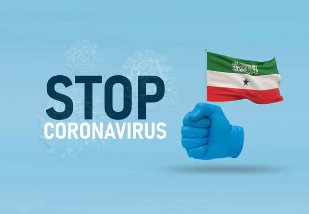 COVID-19 Visual concept - hand-text Stop Coronavirus, hand-gesture versus virus infection, clenched fist holds flag of Somaliland. Pandemic 3D illustration. - Photo, Image