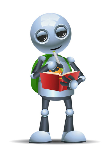 3D εικονογράφηση του μικρού ρομπότ γραφής στο βιβλίο που αντιπροσωπεύει εκπαιδευτικό μαθητή σε απομονωμένο λευκό φόντο - Φωτογραφία, εικόνα