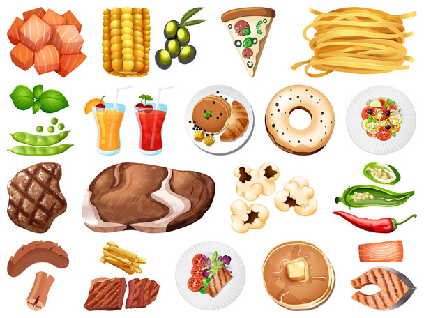 Grande conjunto de alimentos e sobremesas sobre fundo branco ilustração
 - Vetor, Imagem