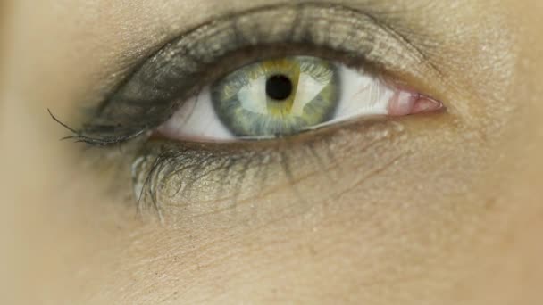 Egy kifejező női zöld szem sminkkel, ami őszintén néz a kamerába. Közelkép - Felvétel, videó