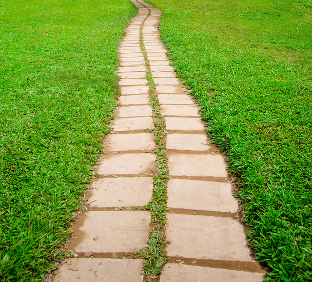 Blocco di pietra percorso a piedi nel parco con sfondo erba verde
 - Foto, immagini