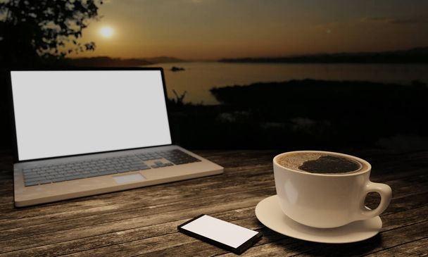 Fekete kávé fehér csészében a fa felszíni asztalon. Blur üres képernyő labtop, Fekete okostelefon fehér képernyő az asztalon. Másolni tér munka asztal és utazási koncepció. 3D Renderelés. - Fotó, kép