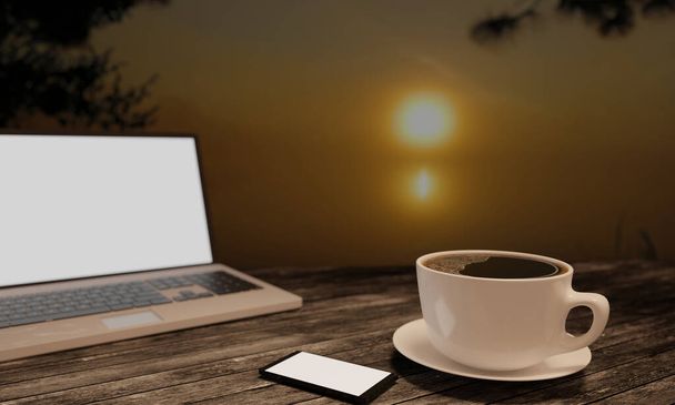 Fekete kávé fehér csészében a fa felszíni asztalon. Blur üres képernyő labtop, Fekete okostelefon fehér képernyő az asztalon. Másolni tér munka asztal és utazási koncepció. 3D Renderelés. - Fotó, kép