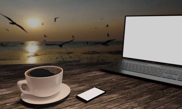 Schwarzer Kaffee in weißer Tasse auf Holztisch. Leere Bildschirme verwischen, schwarzer Smartphone-Bildschirm auf dem Tisch. Kopieren Raum Schreibtisch und Travelkonzept. 3D-Rendering. - Foto, Bild
