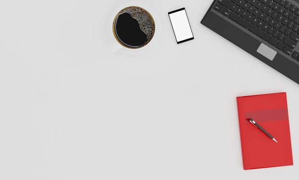 Ordenador portátil negro, taza de café negro, Libro rojo y teléfono inteligente sobre fondo blanco y papel pintado. Vista superior con espacio para copias, plano. Renderizado 3D
. - Foto, Imagen
