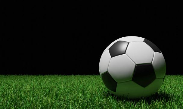 Bola de fútbol realista o pelota de fútbol patrón básico en el campo de hierba verde. 3d Estilo y concepto de renderizado para el juego y olímpico Japón 2020
. - Foto, Imagen