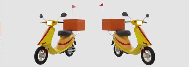 Žlutý model Motocykl s oranžovou krabičkou a červeným frag pro koncept Dodávka potravin. Izolované na bílém pozadí a tapetě. 3D vykreslování. - Fotografie, Obrázek