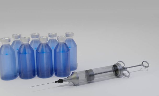 Eine saubere Vintage Hypodermiesspritze auf weißem Hintergrund. Konzept zur Erprobung des Impfstoffs Coronavirus. 3D-Rendering. - Foto, Bild