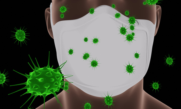 Ιός του ανθρώπινου πληθυσμού, λοίμωξη, πρόληψη ασθενειών γρίπης και βιομηχανική προστασία εκπομπών καυσαερίων COVID-19 έννοια του ιού. άντρας που φοράει μάσκα προσώπου λόγω ατμοσφαιρικής ρύπανσης. 3D απόδοση. - Φωτογραφία, εικόνα