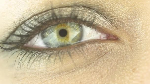Ein ausdrucksstarkes grünes weibliches Auge blickt mit Tränen in die Kamera und blinzelt. Makro - Filmmaterial, Video