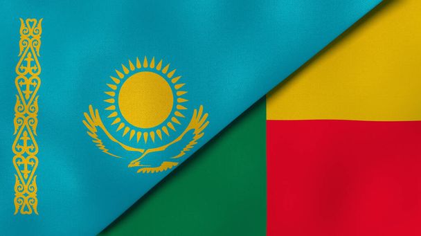 Zwei Staaten Flaggen von Kasachstan und Benin. Hochwertiger geschäftlicher Hintergrund. 3D-Illustration - Foto, Bild